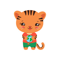 School student tiger holding a globe. Social studies learning. Elementary pupil little tiger cub kawaii animal. Primary school geography subject vector. Education clipart.