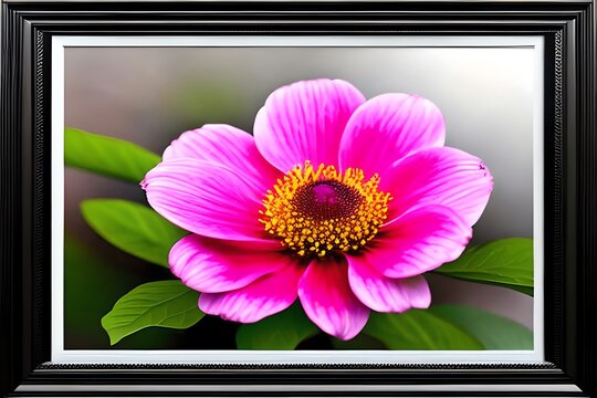 A Bunch Of Pink Flowers On A Branch With A Dark Background In The Middle Of The Picture Is A Black Frame With A White Border. Generative AI