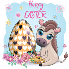 Cute donkey with an easter egg. Easter character and postcard