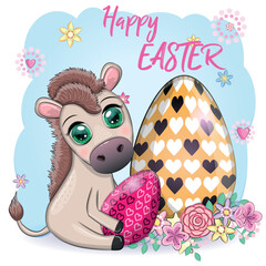 Cute donkey with an easter egg. Easter character and postcard