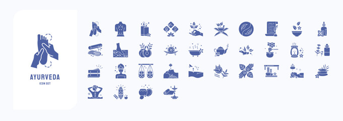 Ayurvedic treatment icon set, including icons like Fish spa, Massage, spa and more