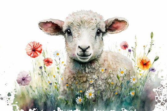 Watercolor painting of cute lamb in a colorful flower field. Ideal for art print, greeting card, easter or springtime concepts etc. Made with generative AI.
