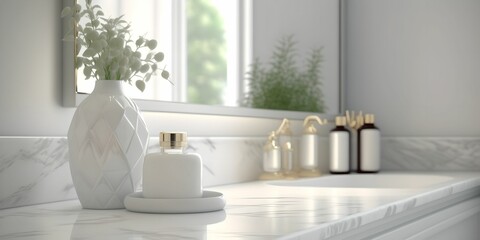 Obraz na płótnie Canvas White bathroom interior. Empty marble table top, Generative AI