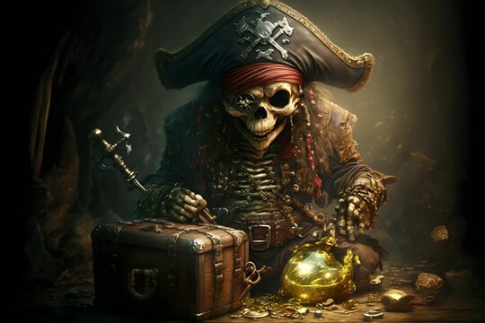 Monkey pirate with treasures, Generative AI