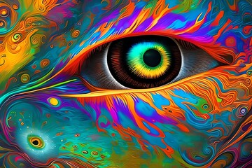 An Abstract Big Eye Four-Dimensional Beings In A Four-Dimensional Psychedelic Colorful World. Illustrations. Digital Art Painting. Generative AI