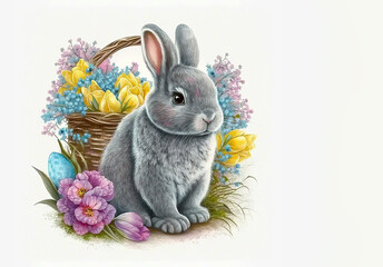 easter  bunnies in a basket with flowers and narrow painted eggs, illustration, watercolor drawing