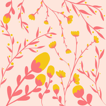 Beautiful pattern with flowers and autumn leaves. Set of hand drawn floral template.