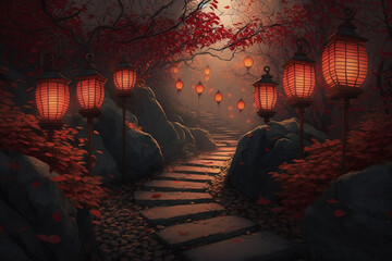 Coble stone path covered by red lanterns generative AI