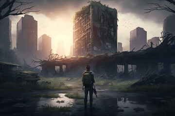 Fototapeta premium Zombie apocalypse, 20 years later with one person. Generative AI