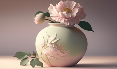  a white vase with a pink flower on a light table.  generative ai