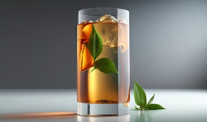  a glass of ice tea with a green leaf on the side.  generative ai