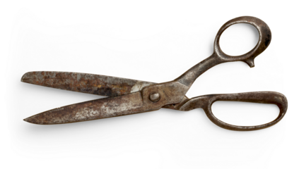 large pair of open old / vintage rusty scissors isolated over a transparent background, 