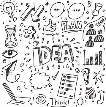 Hand drawn idea vector doodles, creative cartoon illustration set
