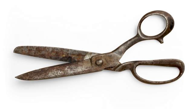 large pair of open old / vintage rusty scissors isolated over a transparent background, 