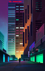 a painted bright night city street with a passerby
