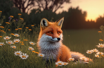 Cute fox on green lawn with daisies at sunset. Beautiful cunning animal on green grass with wild flowers, chamomiles. Generative AI.