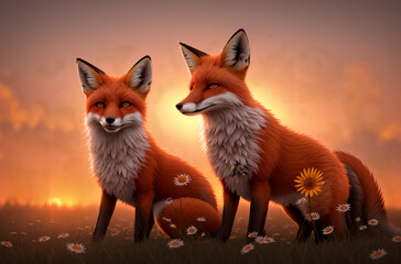 Obraz premium Cute fox on green lawn with daisies at sunset. Beautiful cunning animal on green grass with wild flowers, chamomiles. Generative AI.