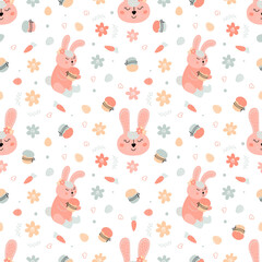 Easter festive seamless pattern with rabbits, cakes, eggs, willow