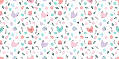 Easter seamless pattern. Background with Chicken , Easter eggs, willow
