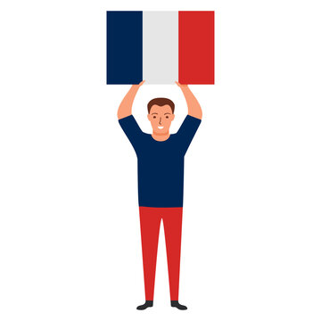 Happy guy france flag.Man with flag in pole of great britain.France flag holding in hand.Isolated on white background.Vector flat illustration.