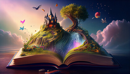 Open book with magical world, AI generative