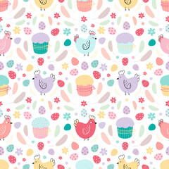 Easter pattern with rabbits, cakes, eggs, willow