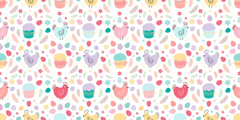 Easter seamless pattern. Background with chickens ,eggs, cakes