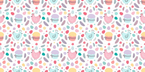 Easter seamless pattern. Background with chickens ,eggs, cakes