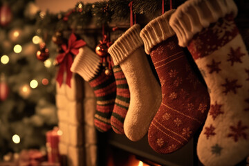 christmas stockings hanging by fireplace macro shot made by generative ai