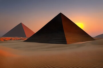 Naklejka na ściany i meble Egyptian Pyramids In Desert With Evening Sunset. Generative AI