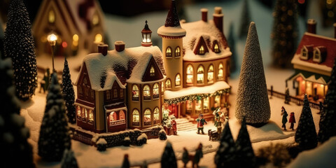 Fototapeta na wymiar miniature 3d christmas village at night with lights and snow made by generative ai