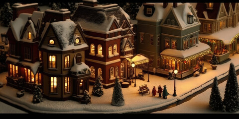 Fototapeta na wymiar miniature 3d christmas village at night with lights and snow made by generative ai