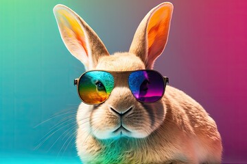 Cool bunny with sunglasses on colorful background. Generative AI