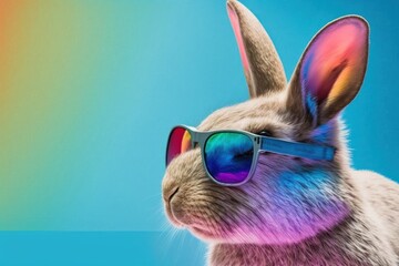 Cool bunny with sunglasses on colorful background. Generative AI