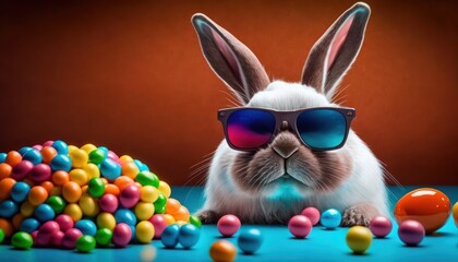 Cool bunny with sunglasses with candies on colorful background. Generative AI