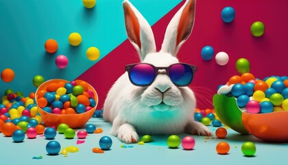 Cool bunny with sunglasses with candies on colorful background. Generative AI