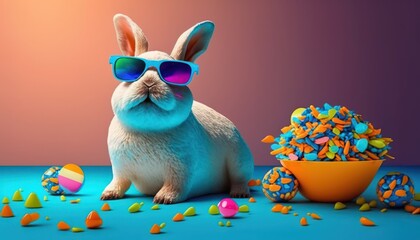 Cool bunny with sunglasses with candies on colorful background. Generative AI