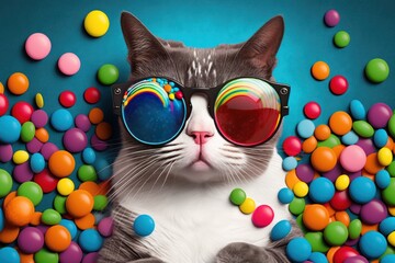 Cool cat with sunglasses with candies on colorful background. The cat is watching a movie! Generative ai