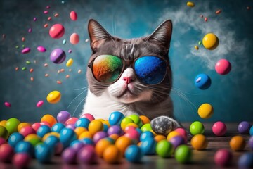 Cool cat with sunglasses with candies on colorful background. The cat is watching a movie! Generative ai