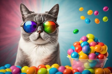 Cool cat with sunglasses with candies on colorful background. The cat is watching a movie! Generative ai