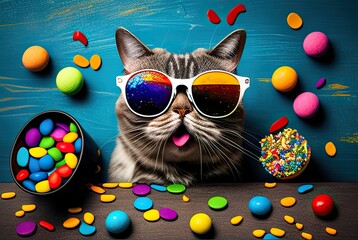 Cool cat with sunglasses with candies on colorful background. The cat is watching a movie! Generative ai