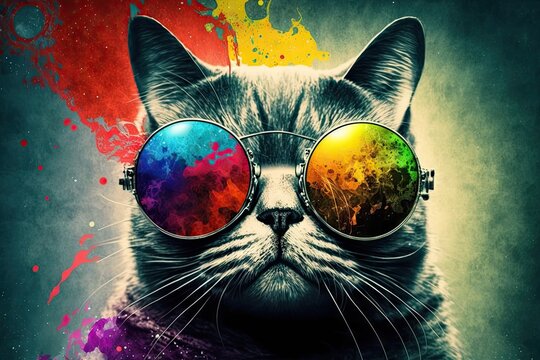 Cool cat with sunglasses on colorful background. Generative AI