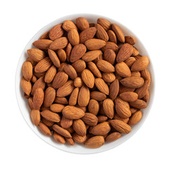 Almond nuts in a bowl isolated on white background