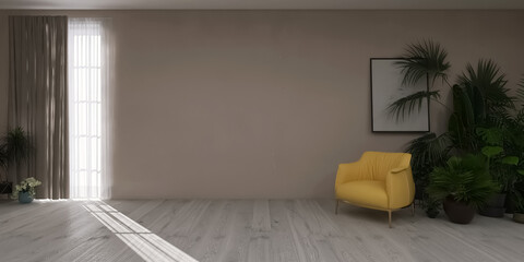 Room interior armchair, plant, 3d render, 3d illustration