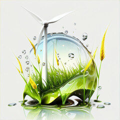 Illustration of a wind turbine on a white background with water drops and grass