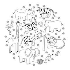 Cartoon animals creatures set African Black and white graphic vector illustration in the line style circle background EPS