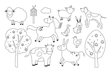 Set of domestic and farm animals and pets and trees. Thin black line art icons. Linear cartoon style illustrations isolated on white. EPS