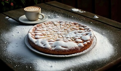  a cake on a table with a cup of coffee on top of it.  generative ai