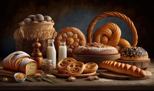  a painting of bread and other food items on a table.  generative ai