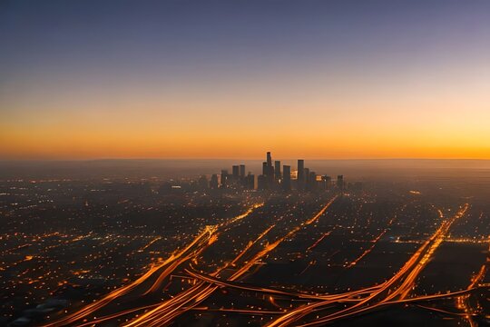 Los Angeles Skyline At Sunset. Generative AI